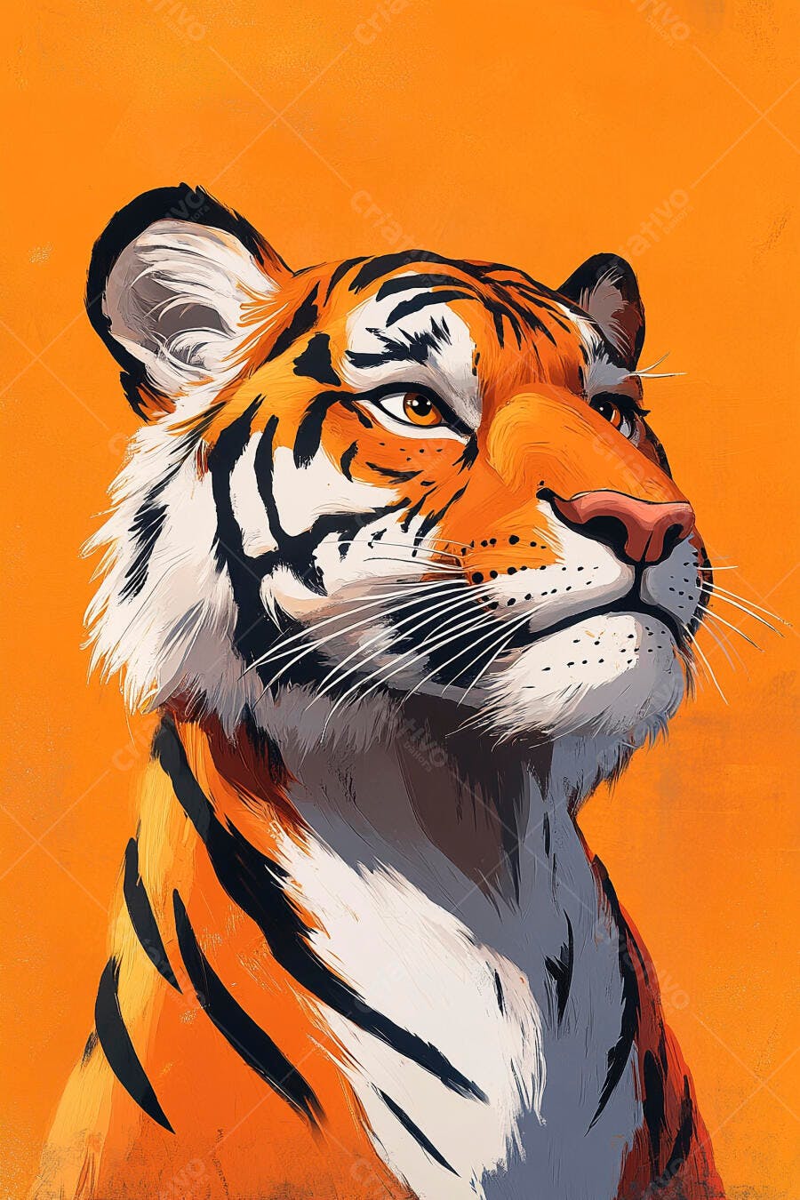 Tigre laranja e branco com listras pretas em fundo vibrante