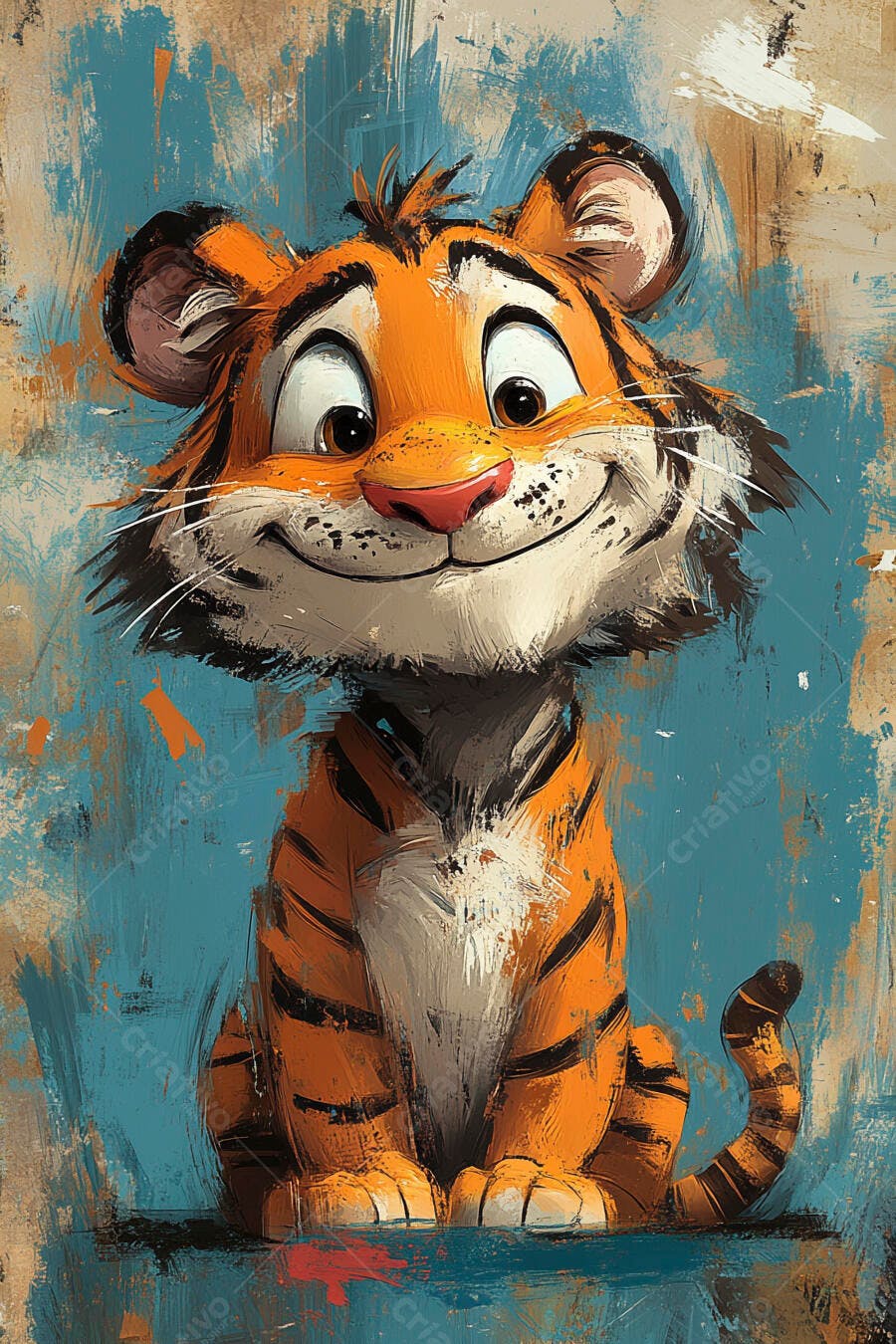 Tigre filhote laranja e preto sorrindo ilustração pintura digital fundo azul alegre