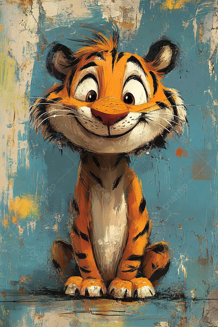 Tigre fofo sorrindo desenho animado em pintura azul e laranja
