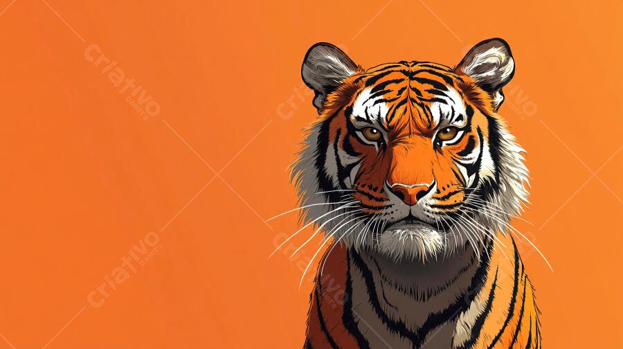 Tigre majestoso ilustrado com cores vibrantes em fundo laranja