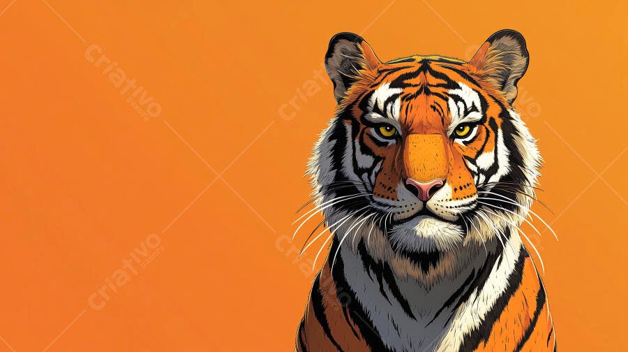 Tigre ilustração em close-up com olhos amarelos em fundo laranja vívido
