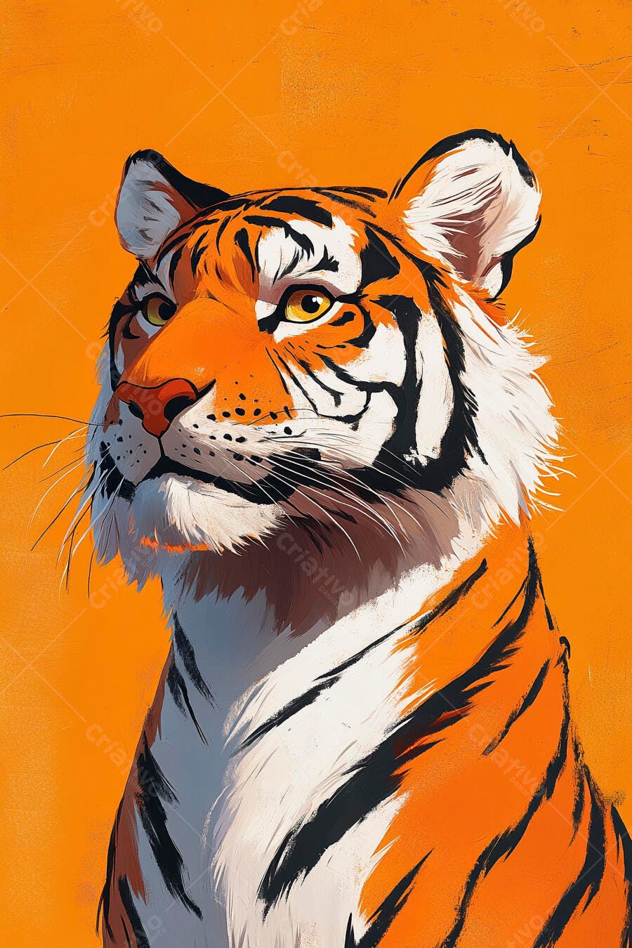Tigre laranja e preto em close up com olhos amarelos em fundo vibrante