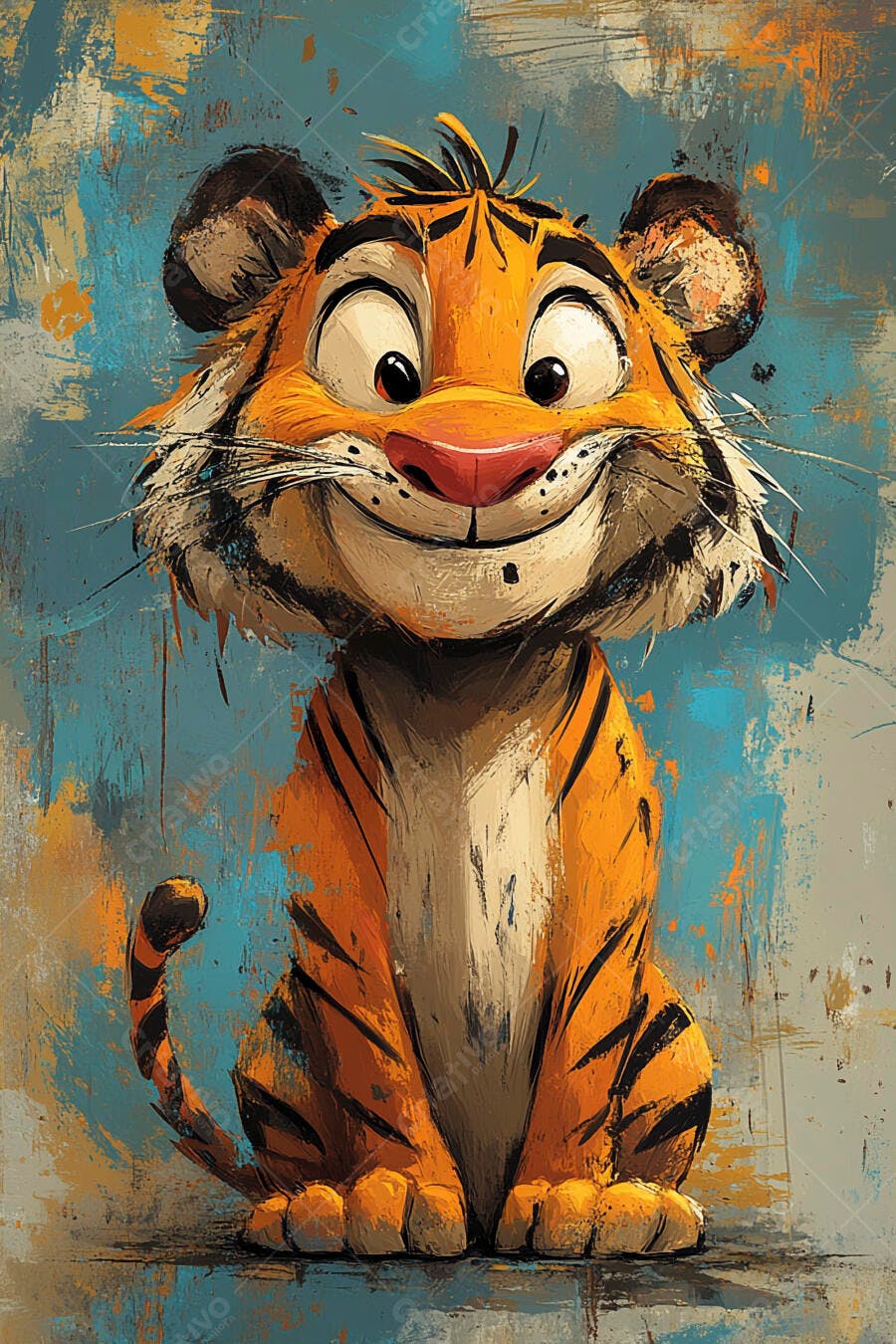 Tigre feliz e sorridente em estilo cartoon com fundo abstrato azul