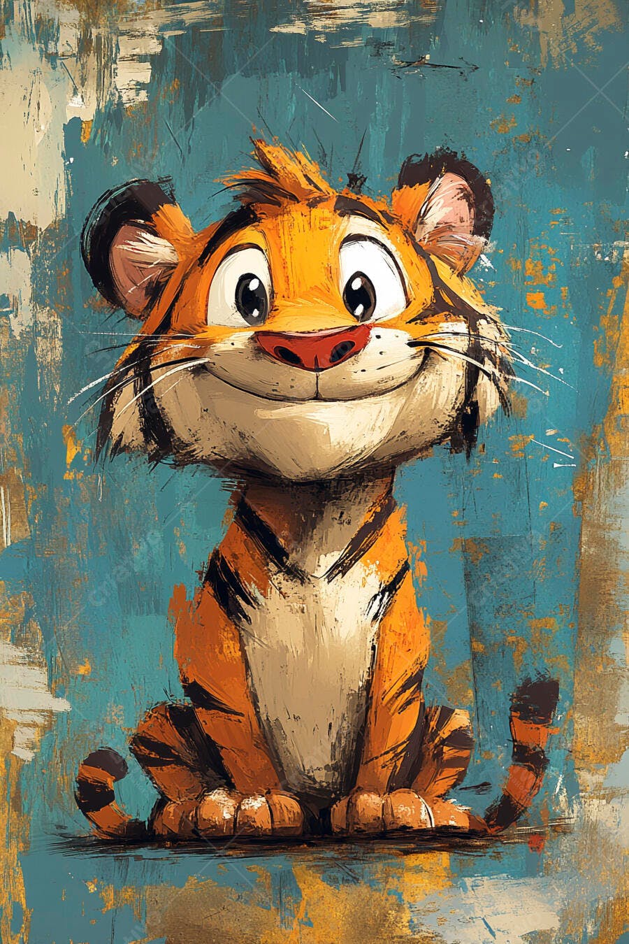 Tigre filhote sorridente ilustração digital vibrante com fundo azul pincelado