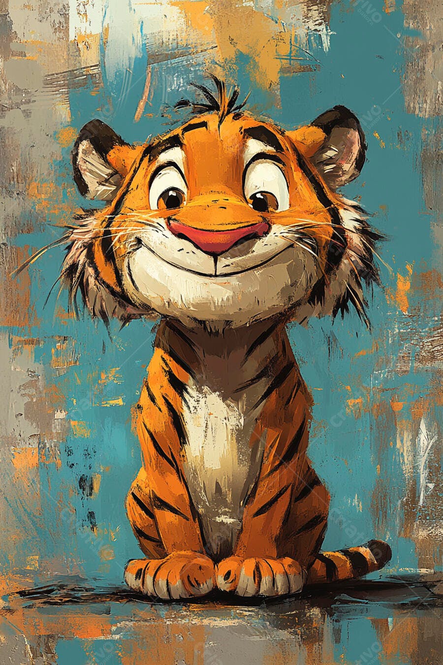 Tigre filhote sorridente ilustração com fundo azul abstrato vibrante