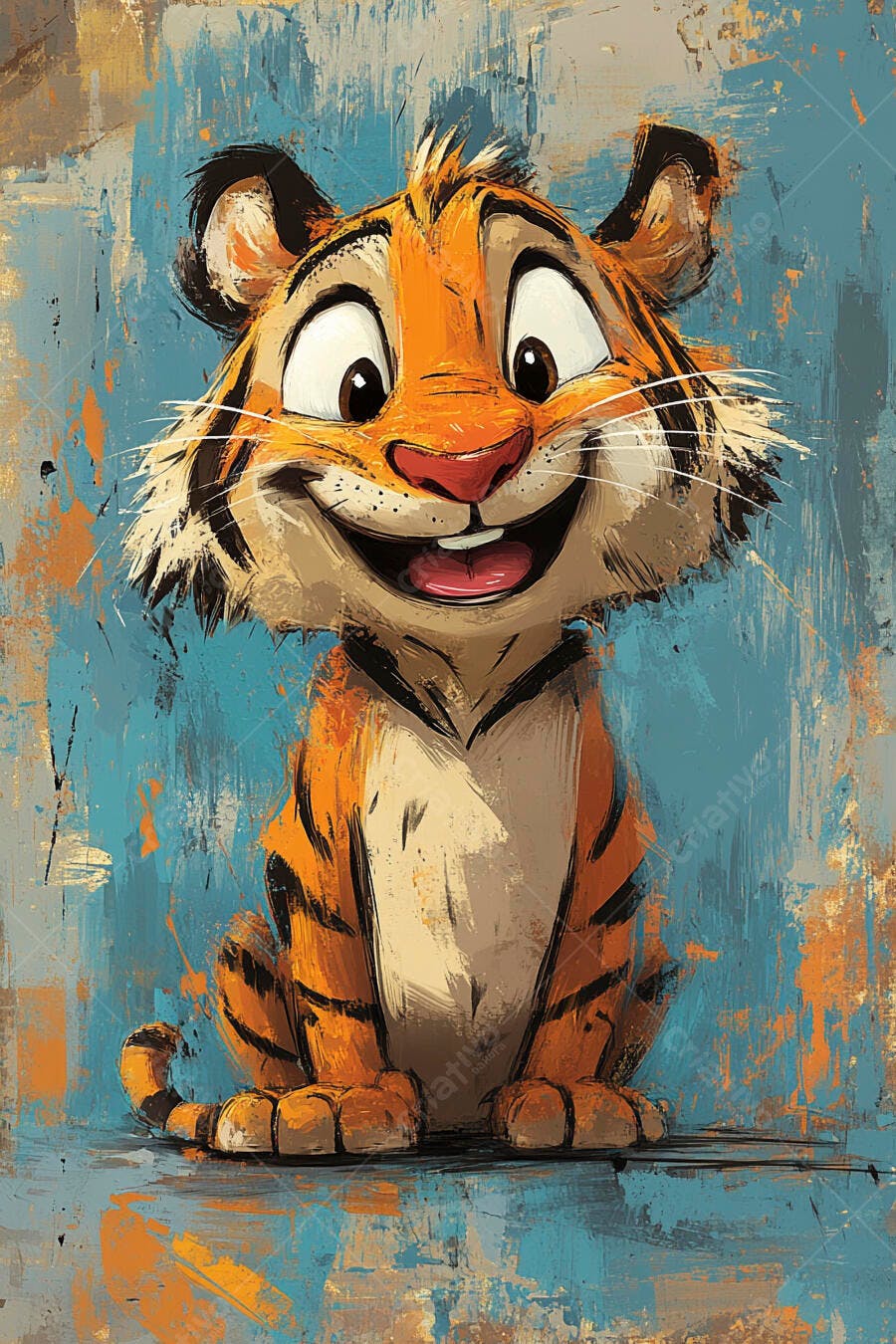 Filhote de tigre feliz sorrindo com fundo azul texturizado ilustração digital