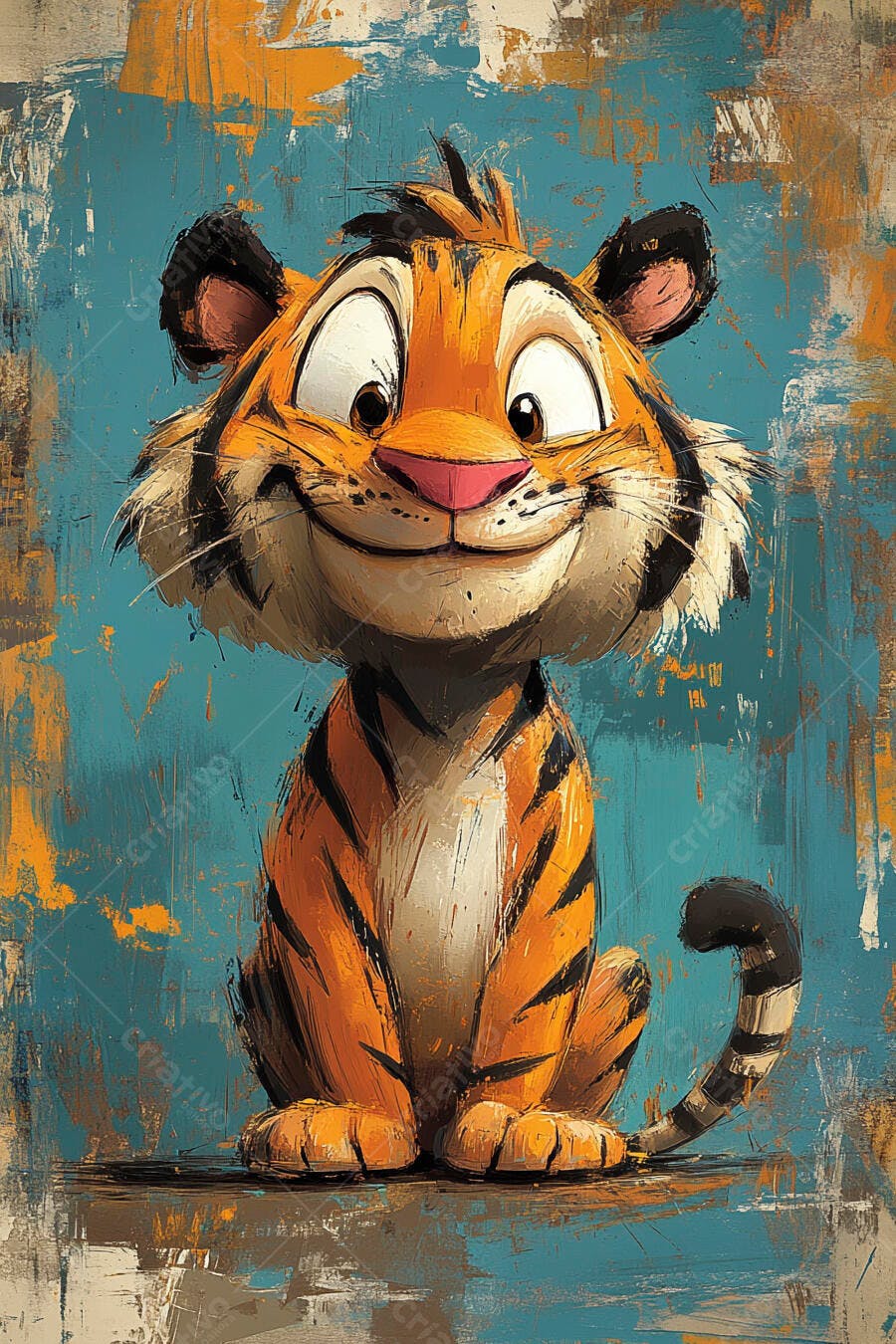 Tigre desenho animado fofo sorrindo com fundo abstrato azul e laranja
