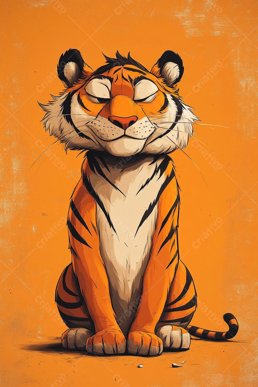 Tigre cartoon laranja e preto com olhos fechados e sorriso amigável