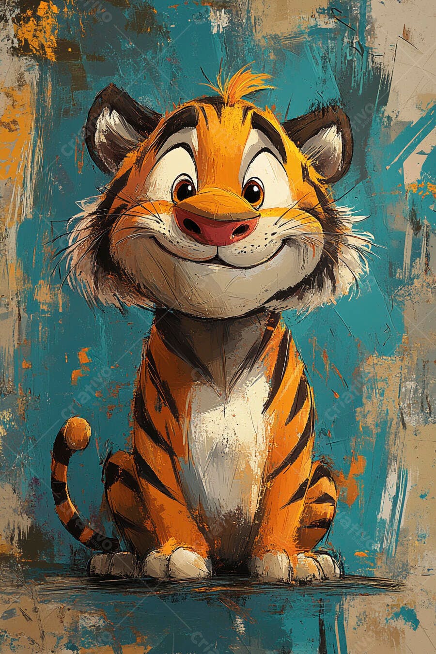 Tigre desenho animado sorrindo feliz em fundo abstrato colorido