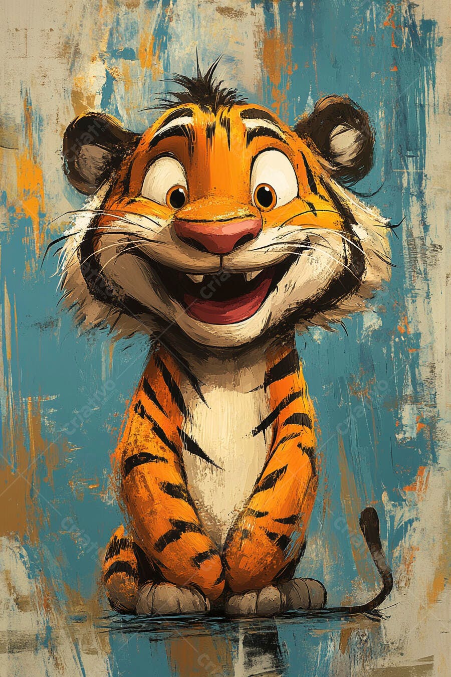 Tigre fofo sorrindo com listras laranjas em fundo azul abstrato