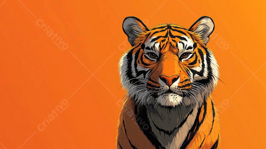 Tigre ilustrado em close-up com olhos intensos em fundo laranja