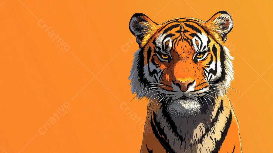Tigre imponente com listras pretas e olhos amarelos em fundo laranja vívido