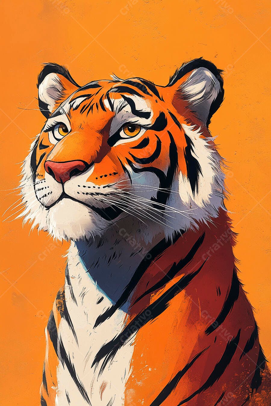 Tigre majestoso com olhos amarelos e listras pretas em fundo laranja