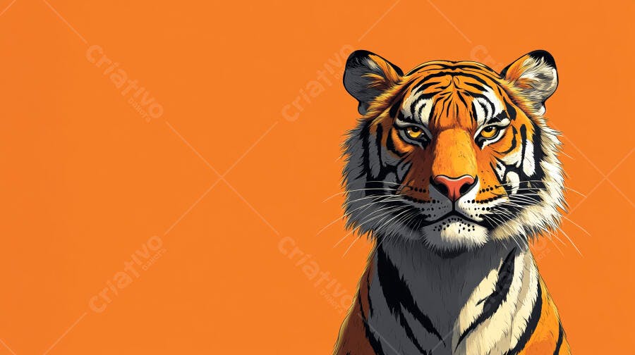 Tigre close-up ilustração digital fundo laranja com olhar intenso