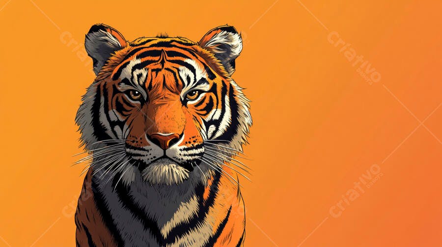 Tigre ilustrado de frente com listras pretas em fundo laranja vibrante