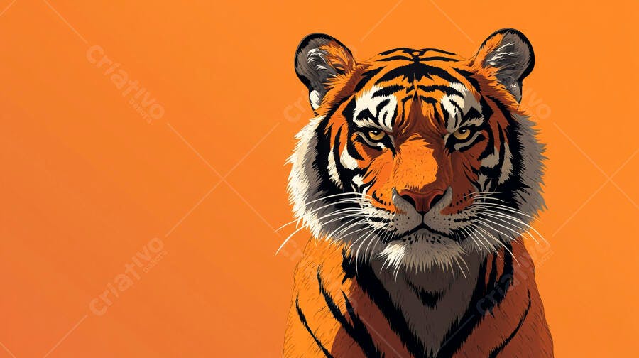 Tigre majestoso de olhos amarelos em fundo laranja vibrante ilustração