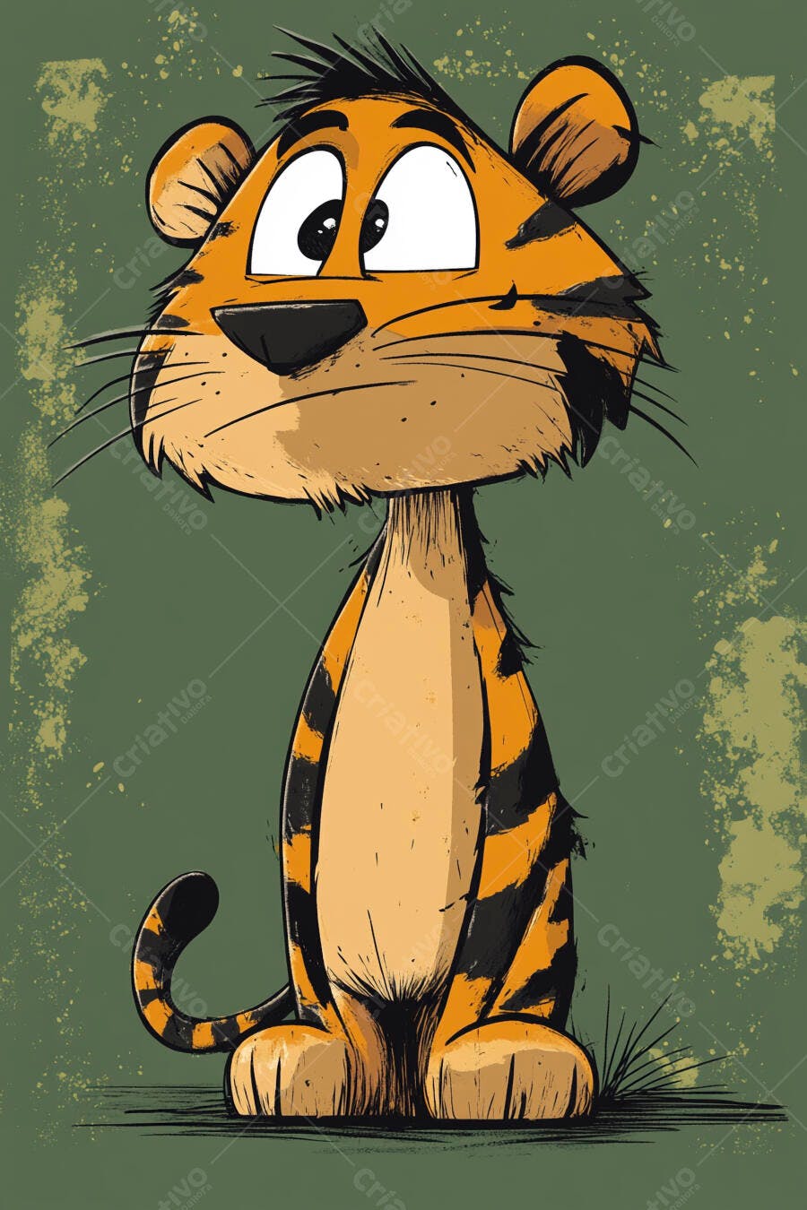 Tigre desenho animado sentado com olhos grandes e listras pretas em fundo verde