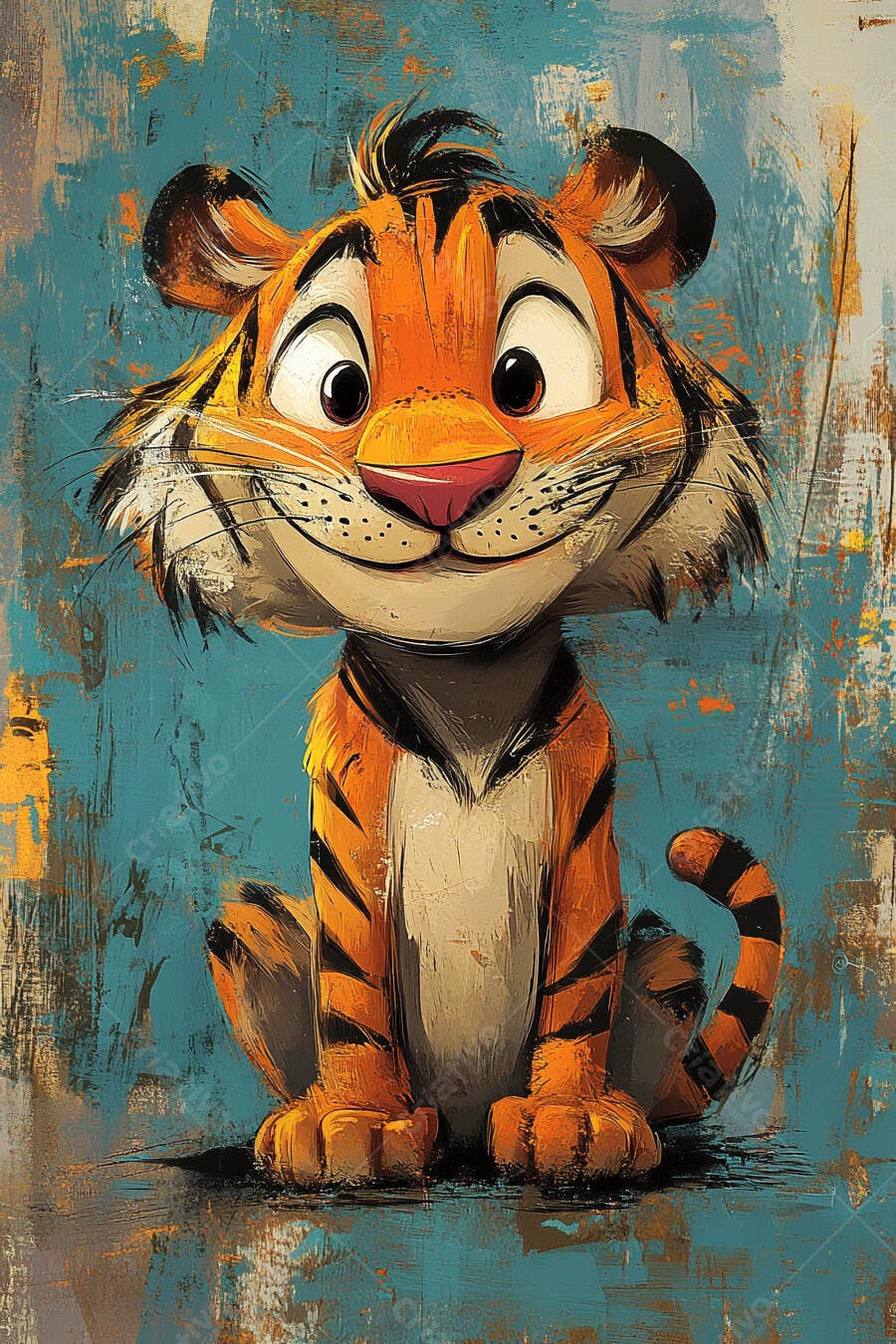 Tigre fofo sorridente sentado em fundo azul texturizado