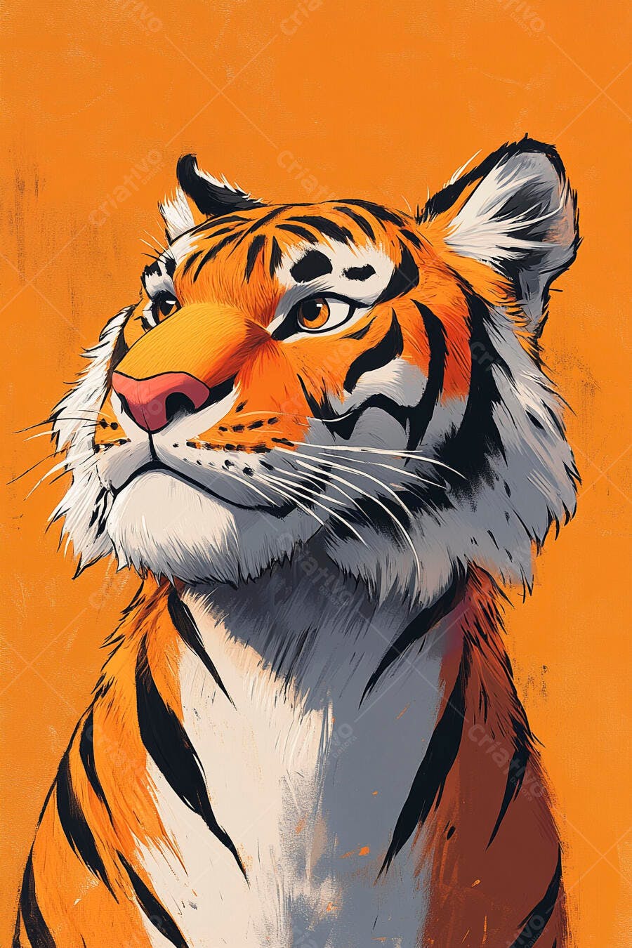 Tigre laranja e preto em ilustração digital vibrante com fundo monocromático