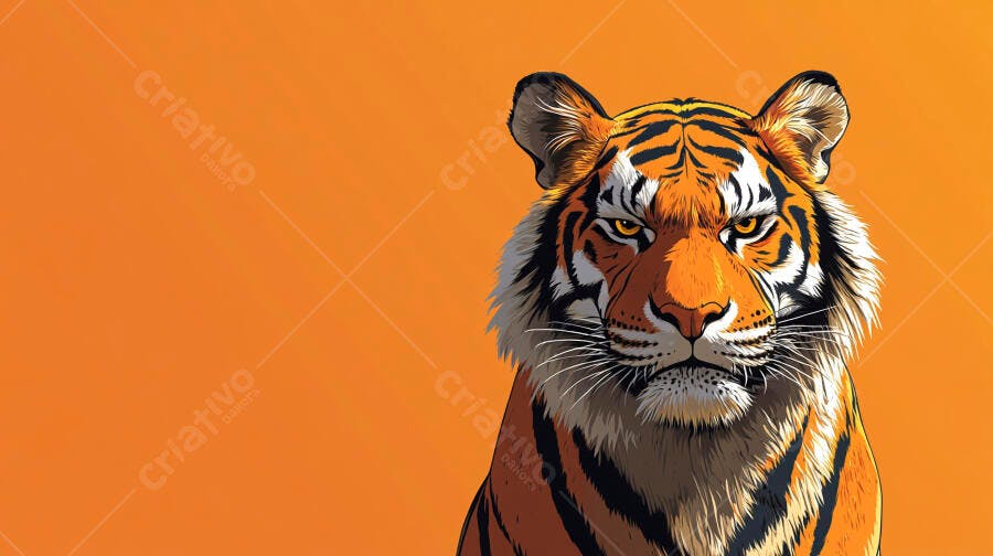 Tigre majestoso ilustrado com pelagem laranja e listras pretas em fundo vibrante