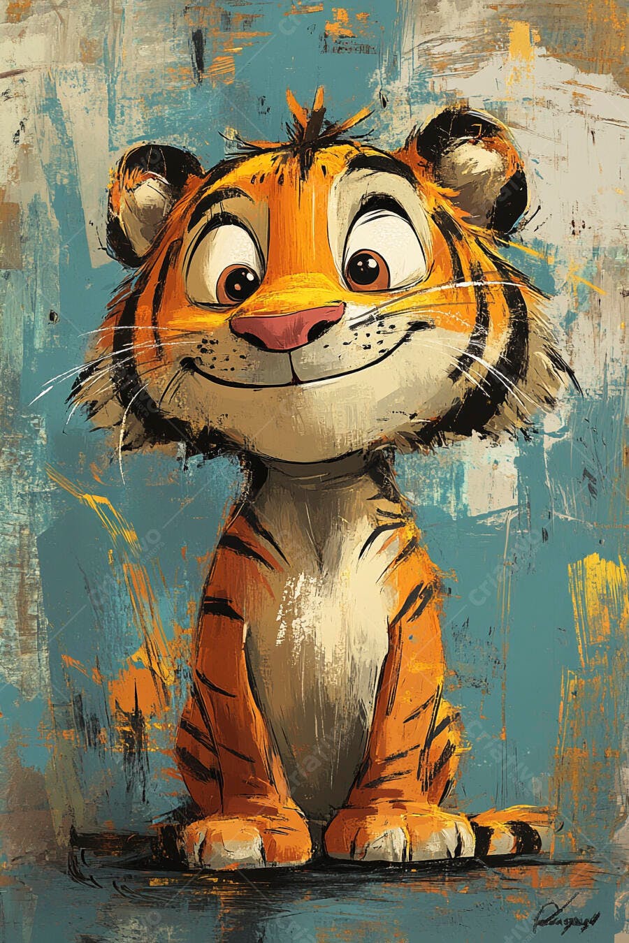 Filhote de tigre feliz sorrindo em pintura abstrata azul e laranja
