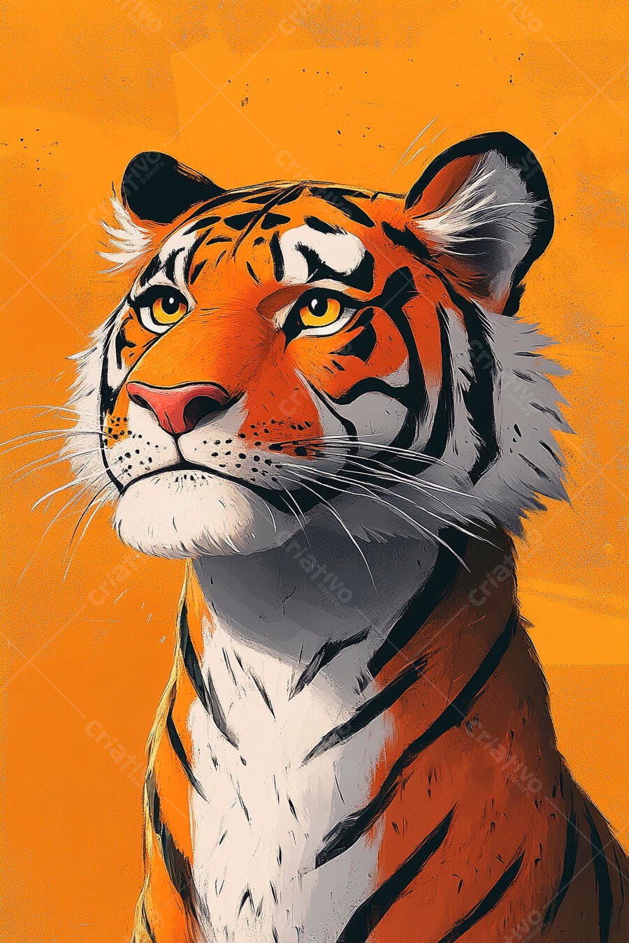 Tigre imponente laranja e preto com olhos amarelos em fundo vibrante