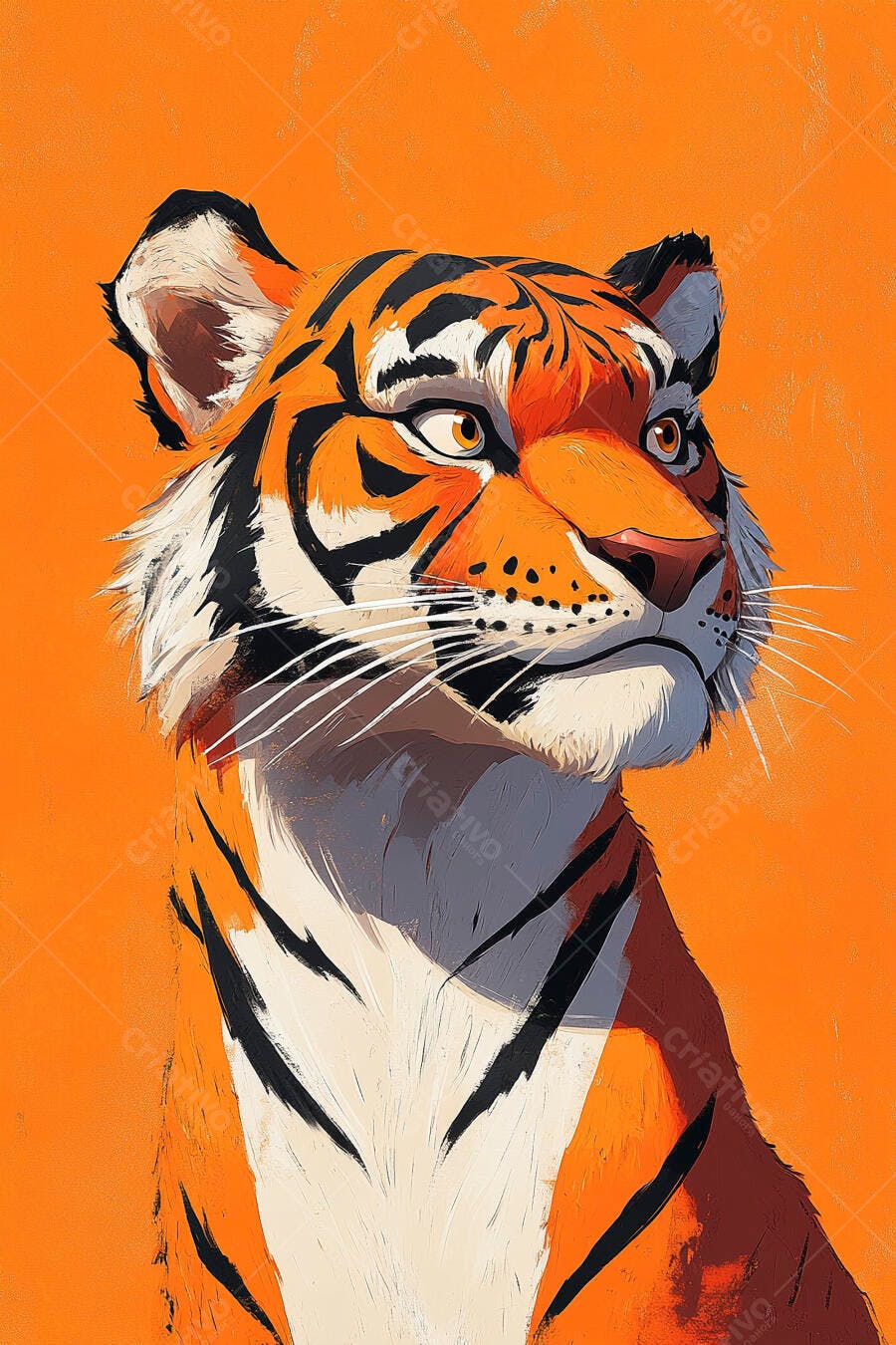 Tigre majestoso ilustrado com pelagem laranja preta e branca em fundo vibrante