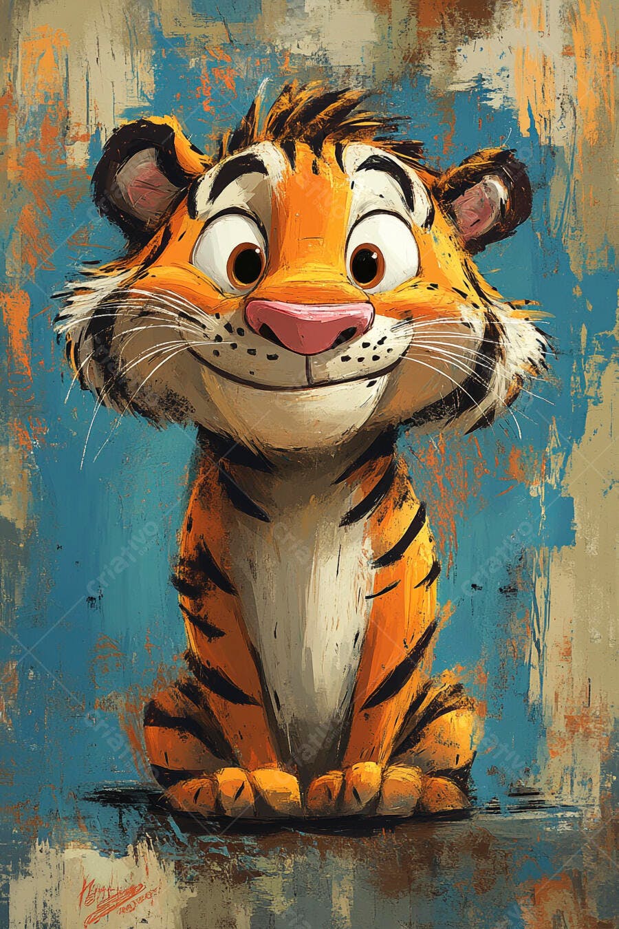 Tigre cartoon feliz sentado com fundo abstrato azul e bege