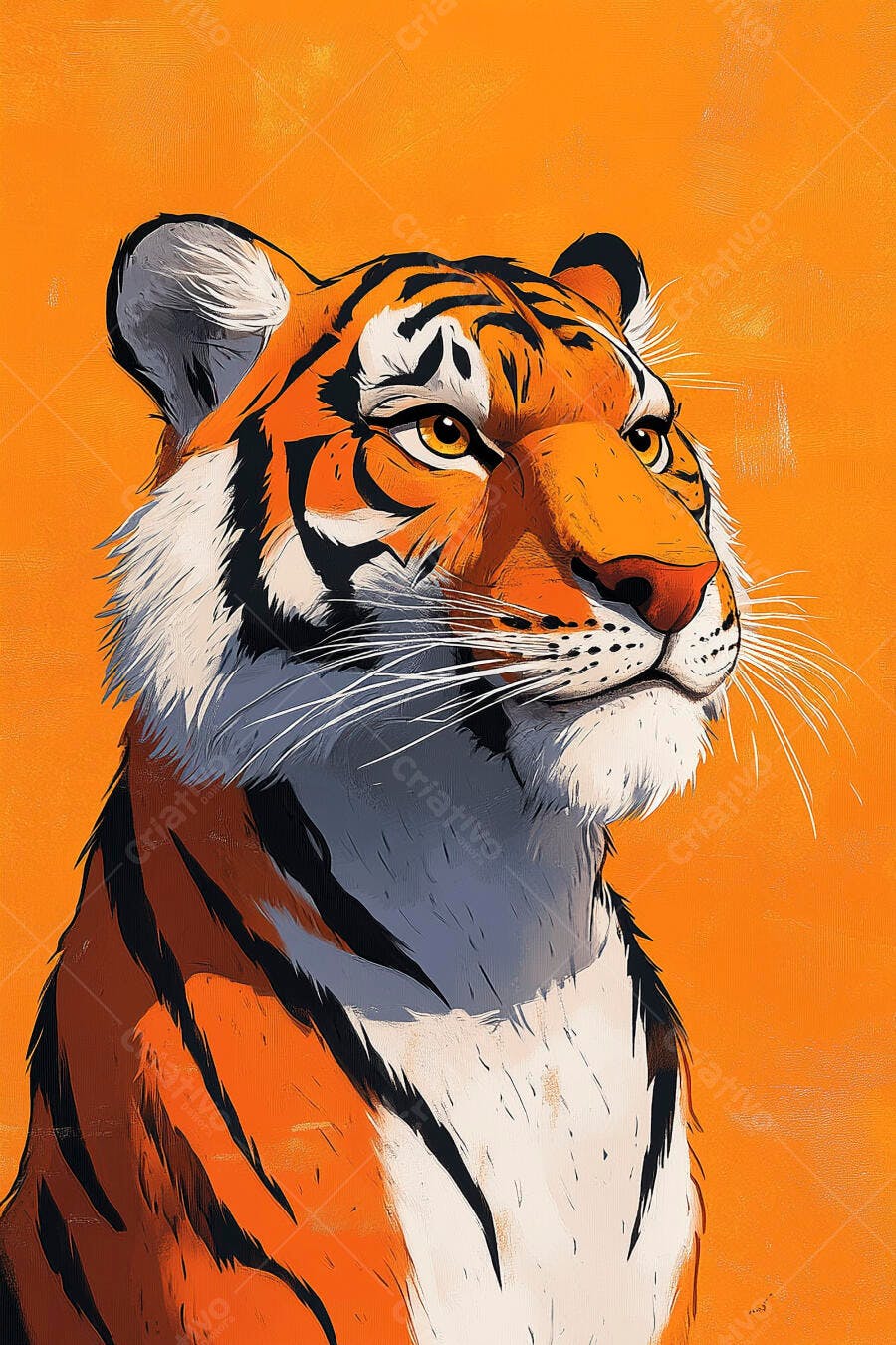 Tigre vibrante com pelagem laranja preta e branca olhando para o lado