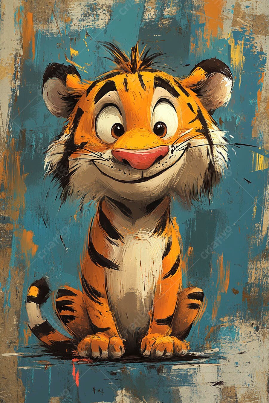 Tigre filhote fofo sorrindo em ilustração cartoon com fundo artístico azul e bege
