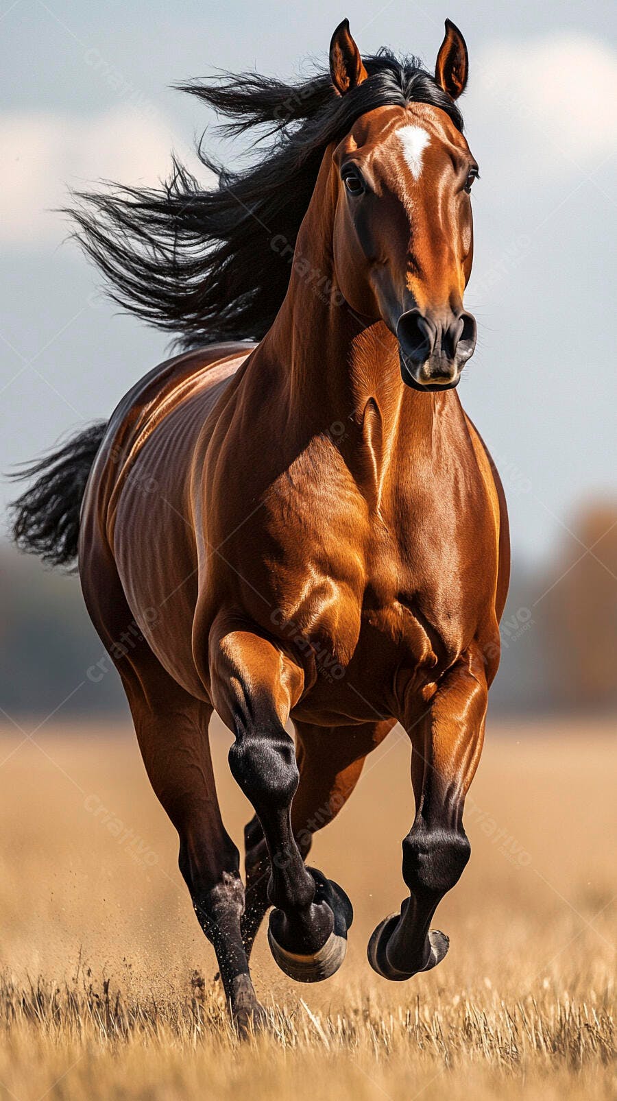 Cavalo baio castanho correndo livremente no campo ensolarado
