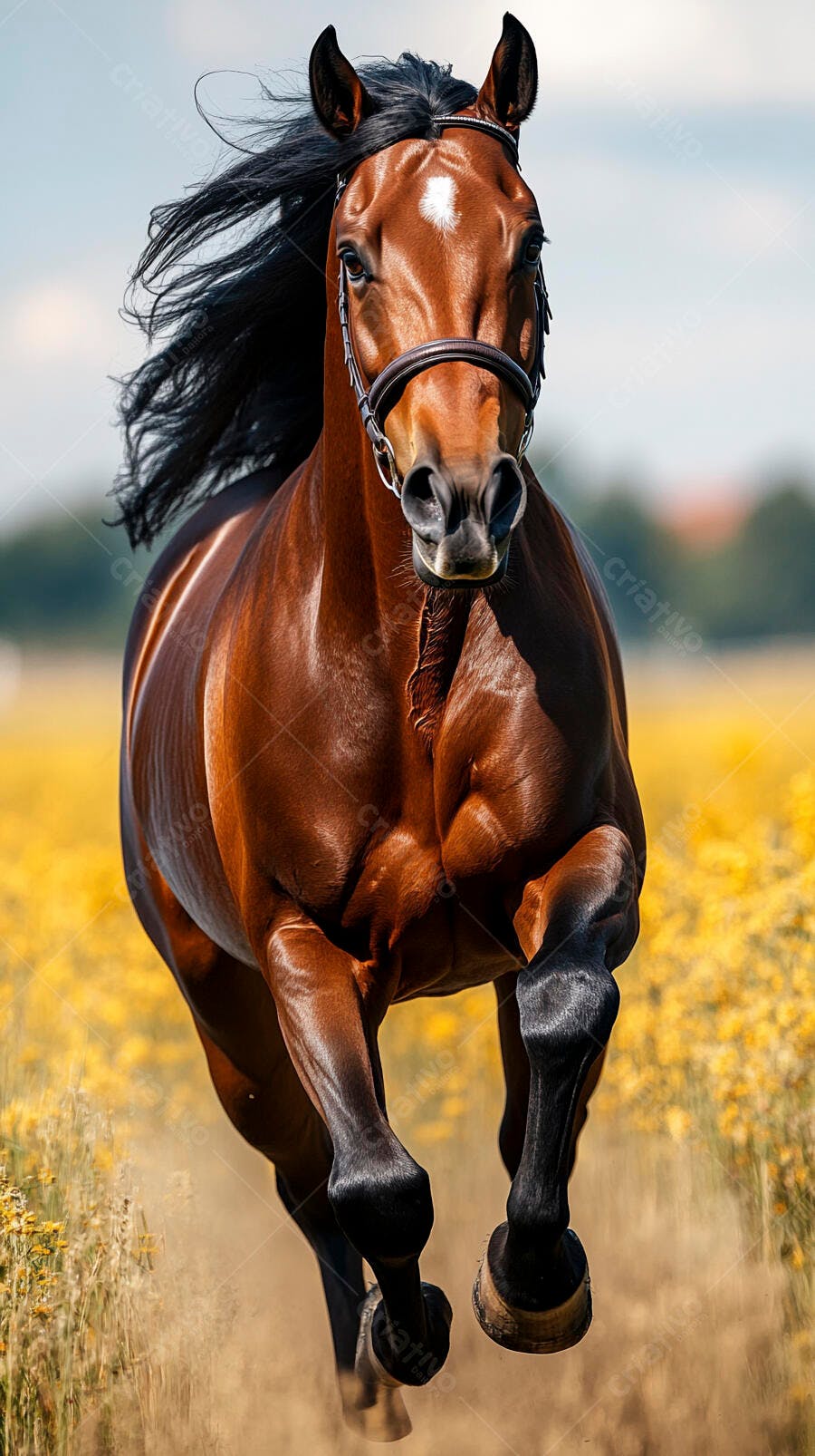Cavalo marrom galopando em campo de flores amarelas sob sol