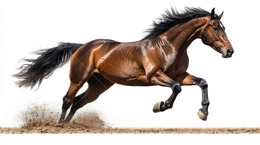 Cavalo marrom correndo em velocidade sobre areia com fundo branco
