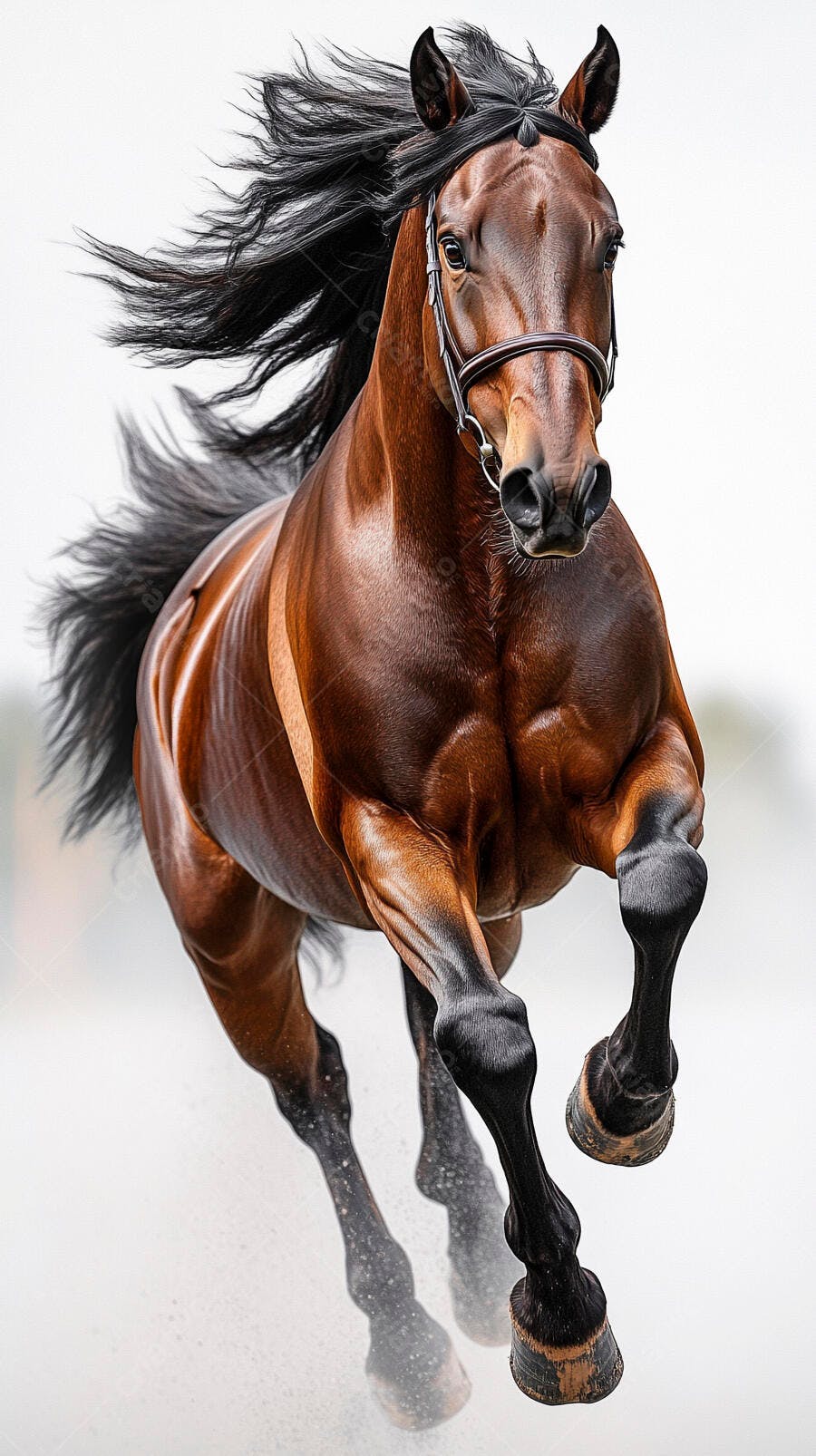 Cavalo marrom escuro galopando com crina ao vento em fundo branco