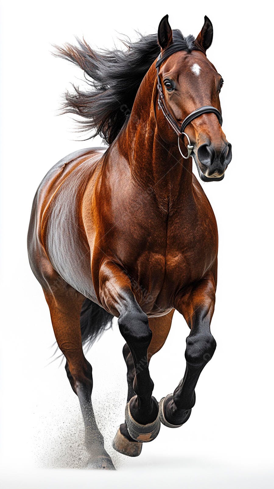 Cavalo castanho galopando com crina ao vento contra fundo branco e poeira