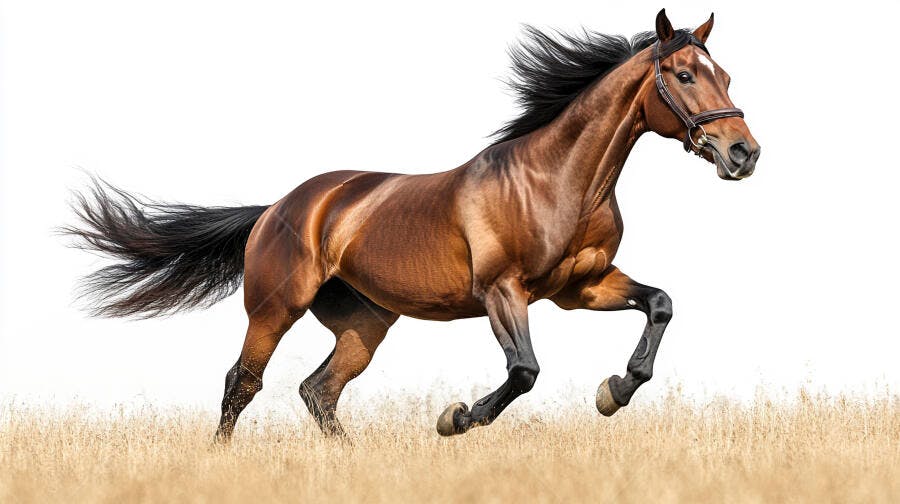 Cavalo castanho correndo velozmente em campo de grama seca
