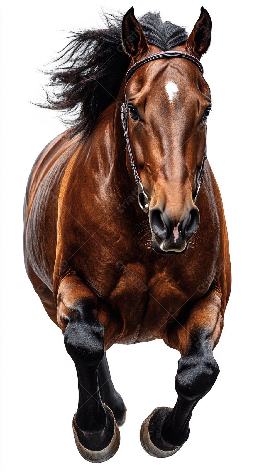 Cavalo baio marrom correndo com crina ao vento em fundo branco