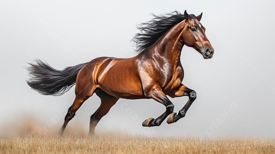 Cavalo castanho galopando livre em campo seco levantando poeira