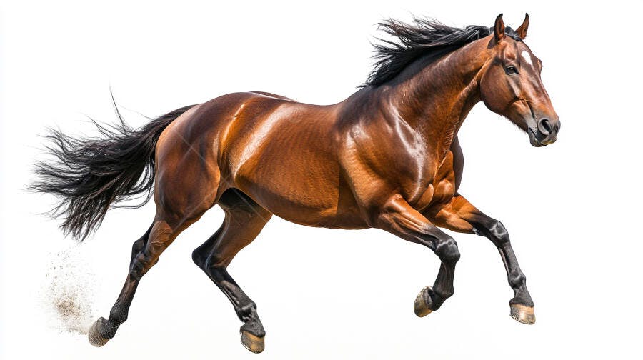 Cavalo castanho galopando com crina ao vento em fundo branco isolado