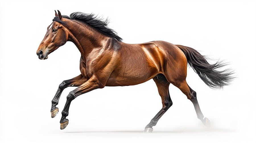 Cavalo marrom em galope majestoso com crina preta e fundo branco