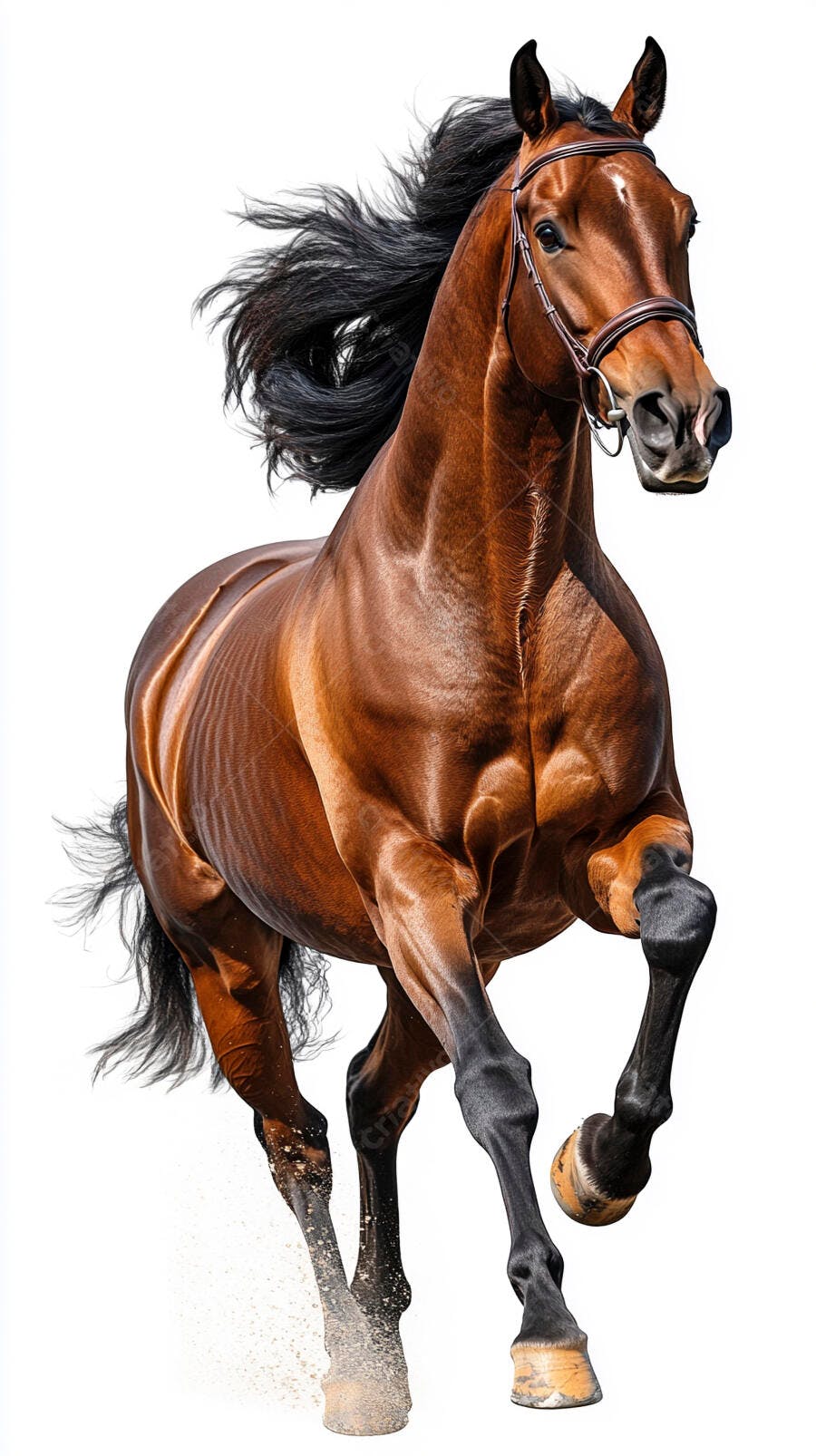 Cavalo baio em pleno galope com crina esvoaçante em fundo branco