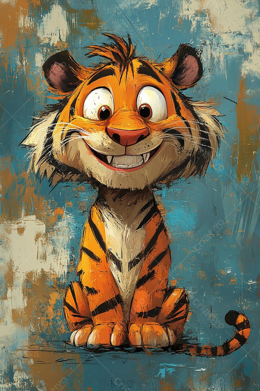 Tigre cartum feliz sorrindo com fundo abstrato azul e laranja