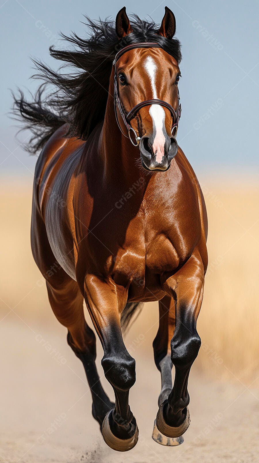 Cavalo marrom correndo em disparada com crina ao vento em campo aberto