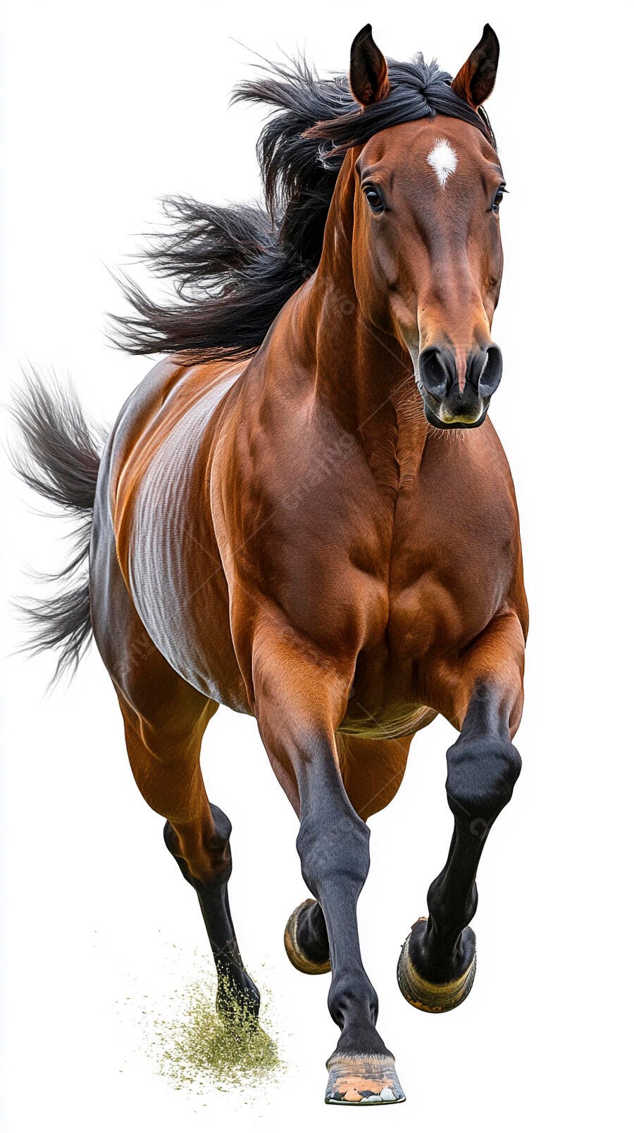 Cavalo marrom correndo com crina ao vento fundo branco