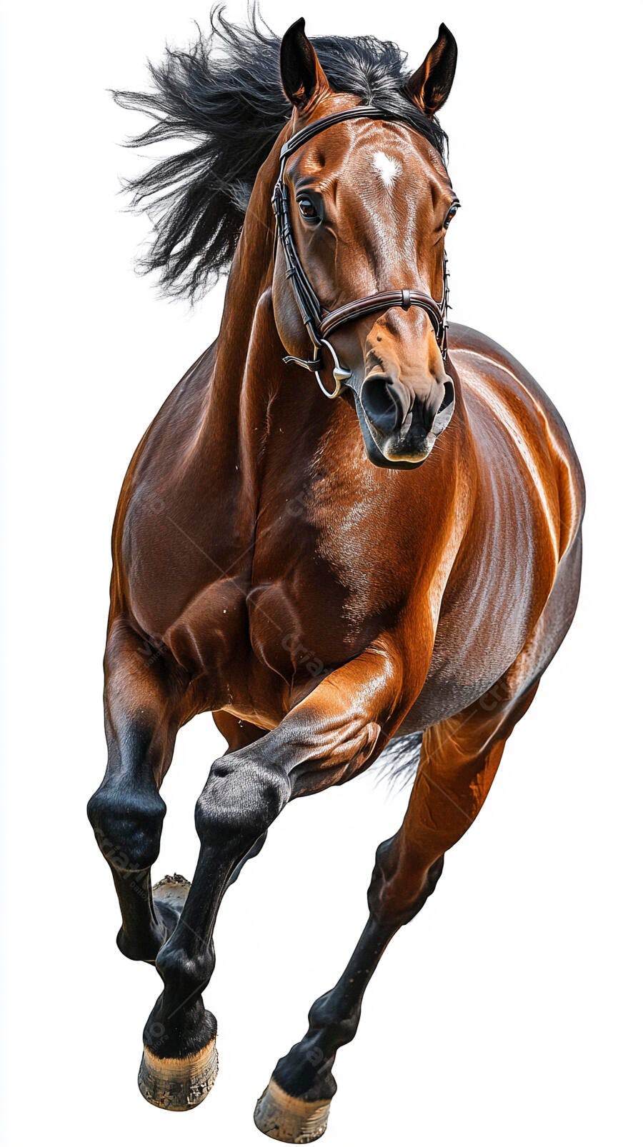 Cavalo marrom galopando com arreios em fundo branco