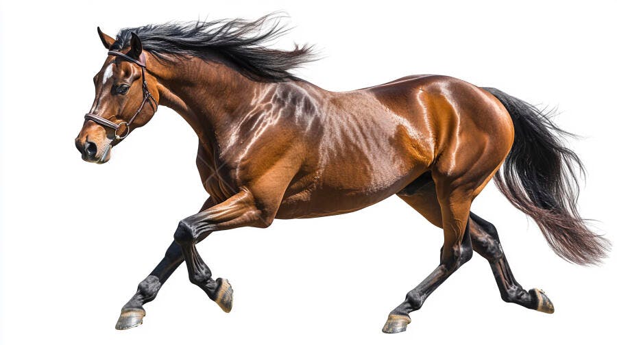 Cavalo baio galopando vigorosamente em fundo branco isolado