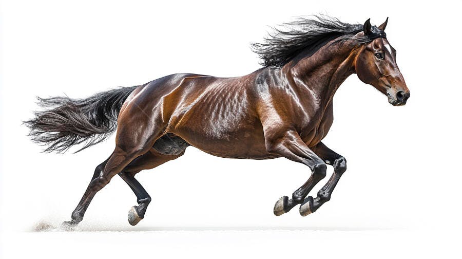 Cavalo equino marrom baio galopando com crina escura ao vento em fundo branco