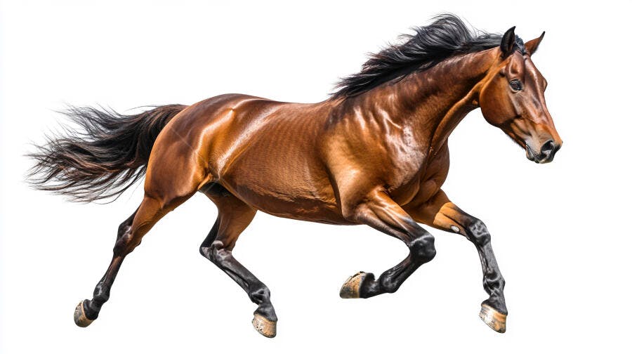 Cavalo baio marrom correndo com crina ao vento em fundo branco isolado