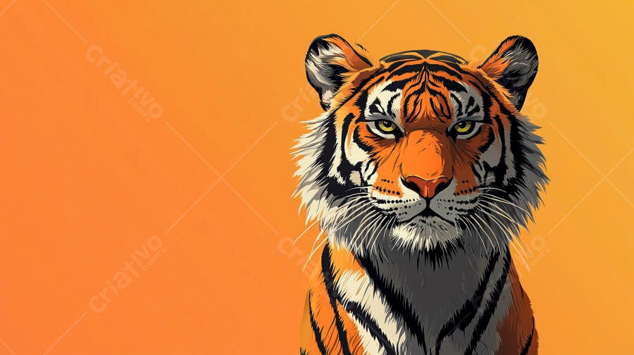Tigre ilustrado laranja e preto com olhos verdes olhando para frente