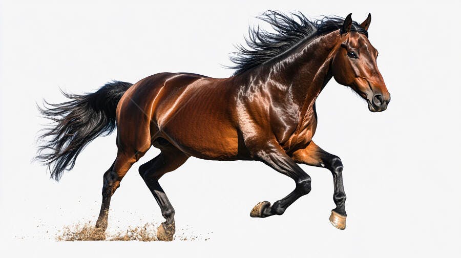 Cavalo baio correndo com crina ao vento em fundo branco isolado